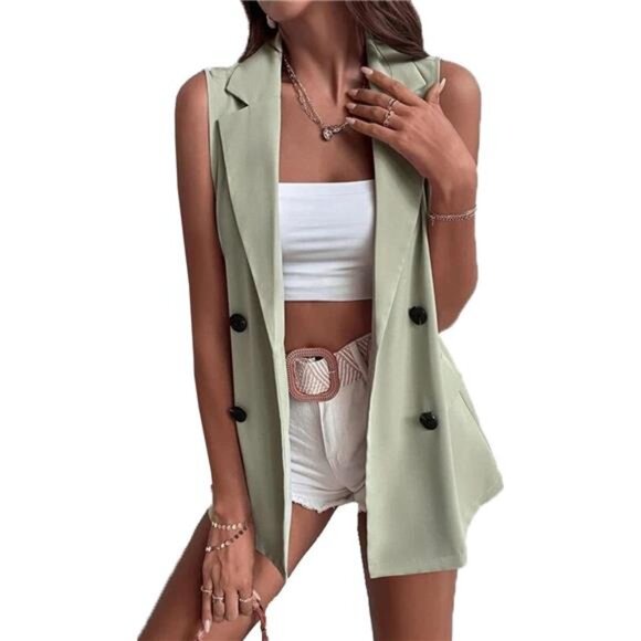 Women's Sleeveless Open Front Cardigan Vest Double Breasted Blazer Jacket